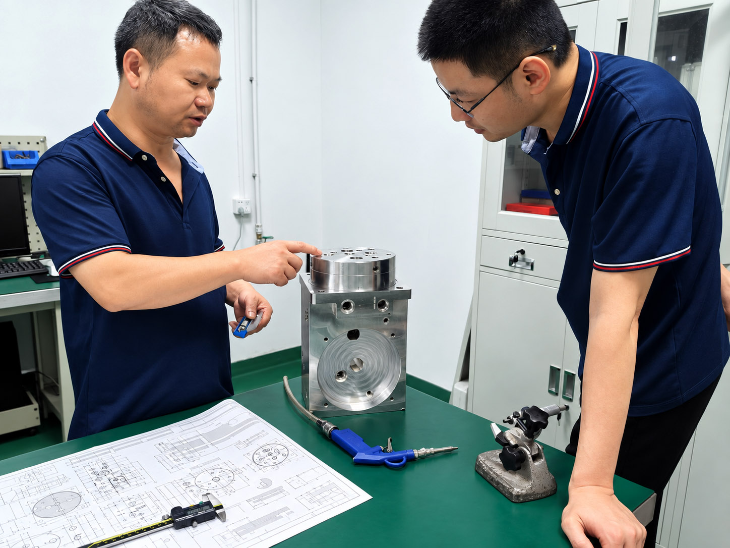 Personnel reviewing a machined component and its drawing.