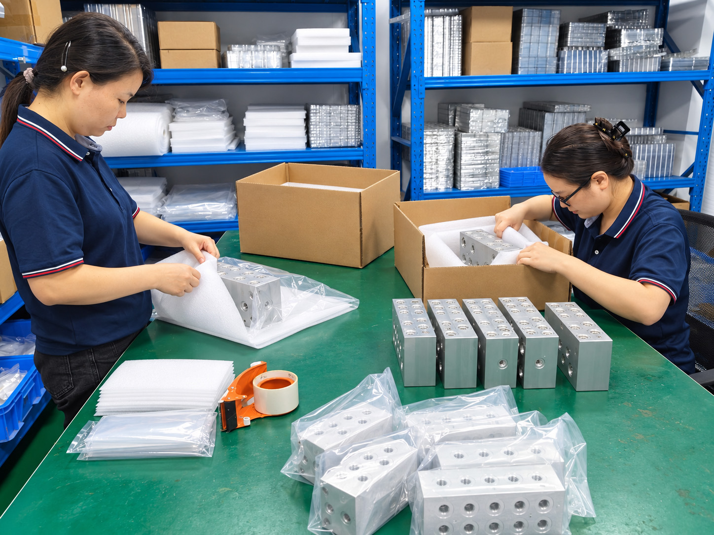 Personnel wrapping hydraulic components for dispatch.