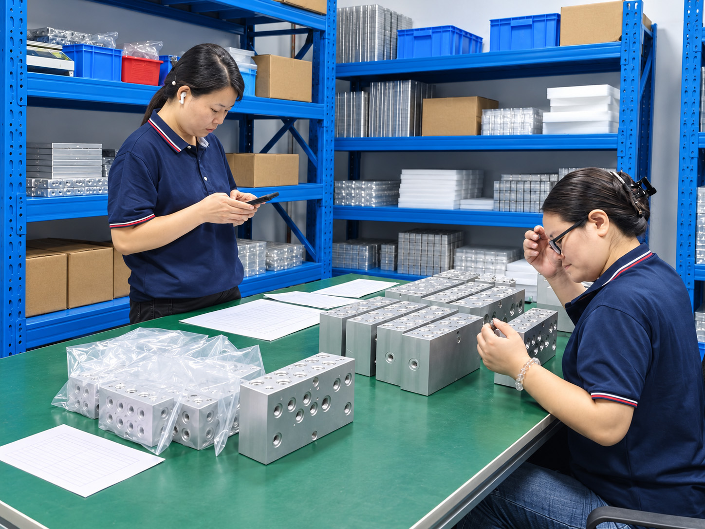 Personnel checking machined hydraulic manifold components.