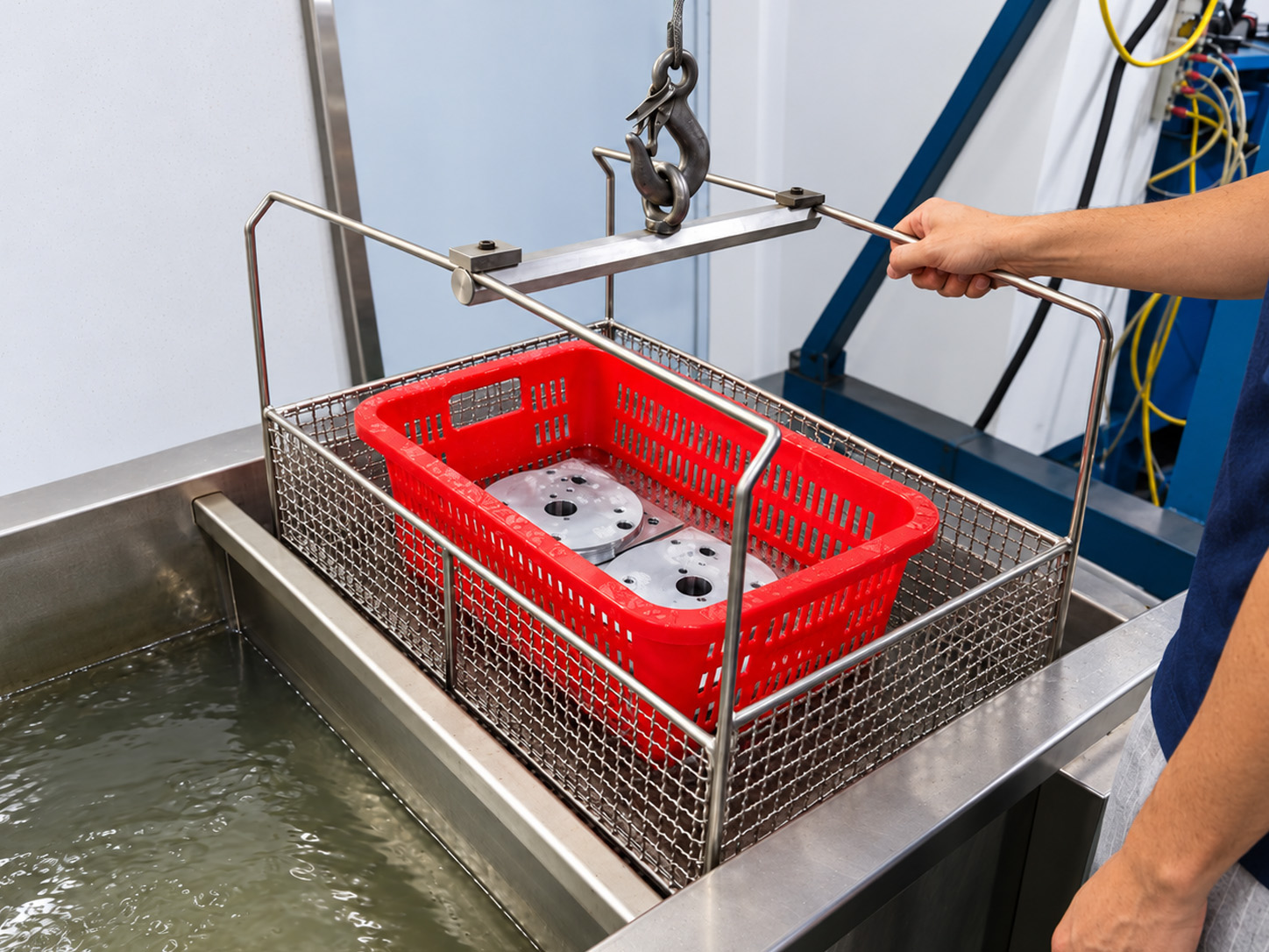 Machined components in a cleaning basket at Zhongwei.