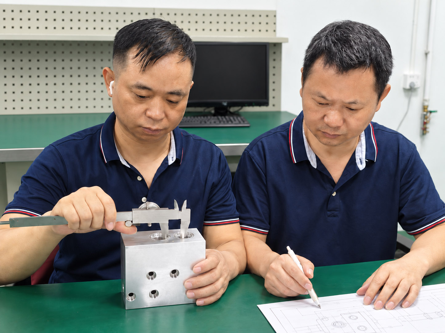 Personnel comparing a manifold component with its drawing during a dimensional check.