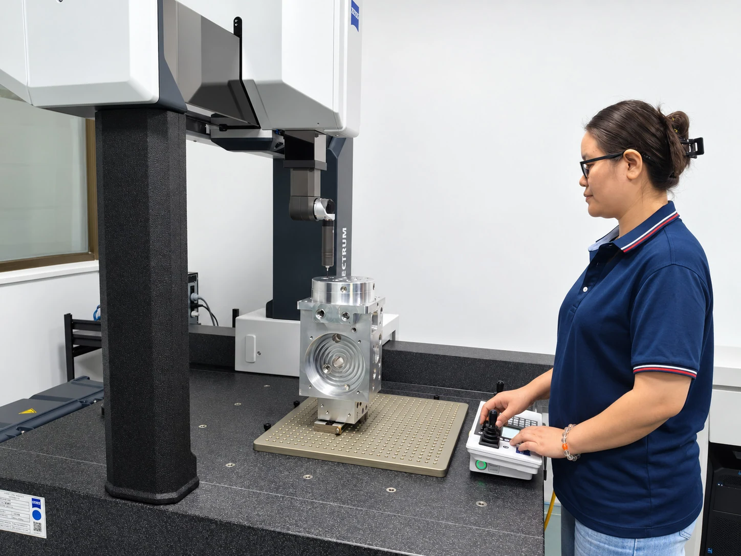 CMM workstation and operator inspecting a machined component at Zhongwei.