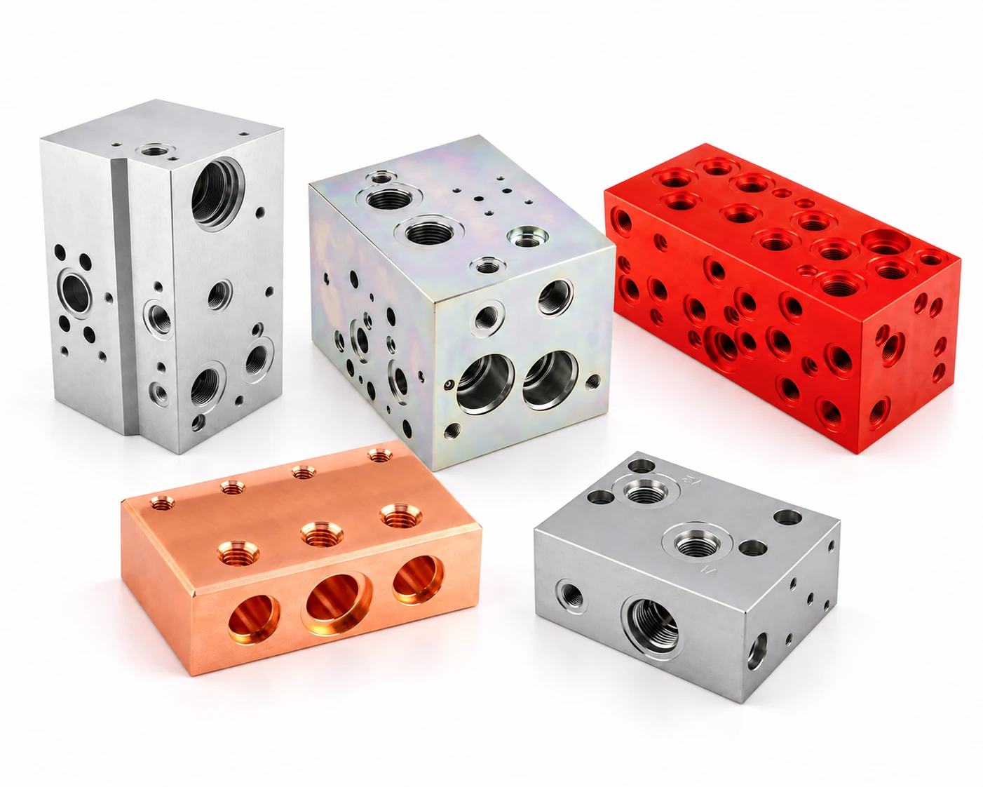 Five custom hydraulic manifold blocks with different valve cavities and port configurations on a white background.