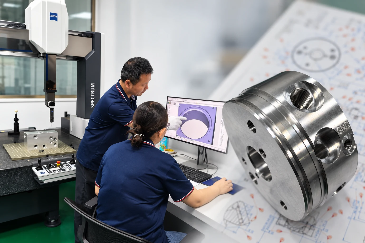 Photo composite: our CMM inspection scene and a hydraulic component with its ballooned drawing.