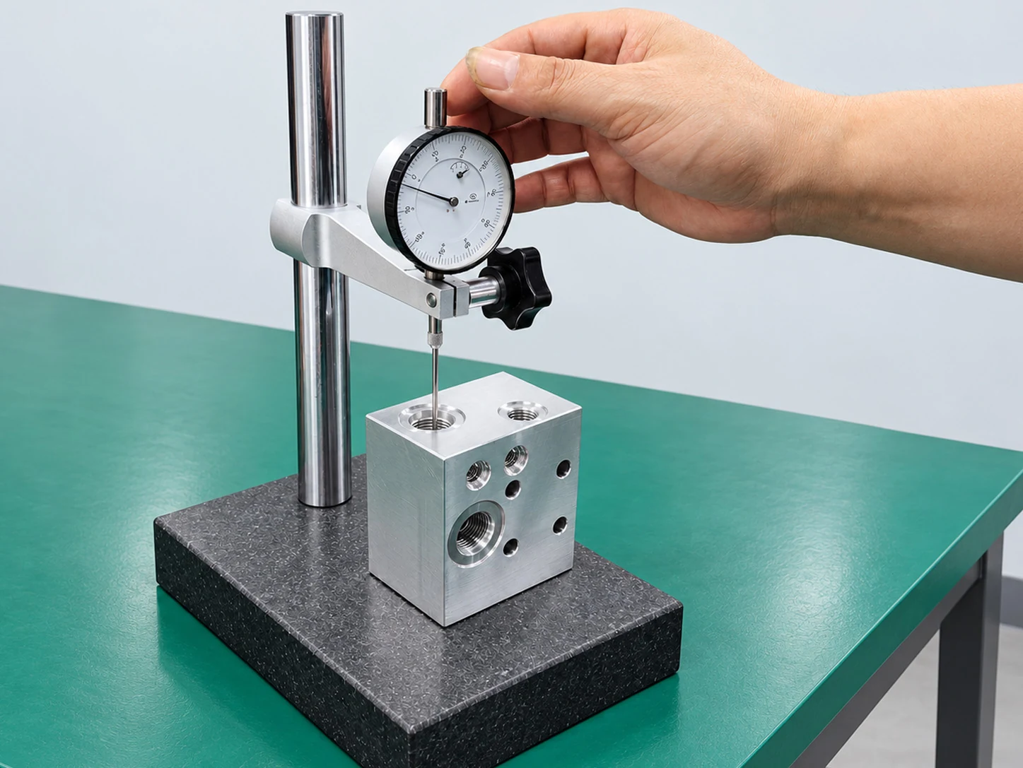 Dial-indicator check on a machined hydraulic manifold block.