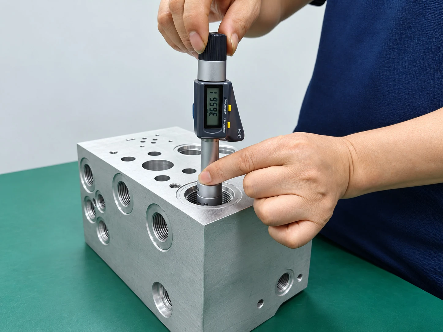 Bore diameter inspection of a hydraulic manifold block using an internal measuring instrument.
