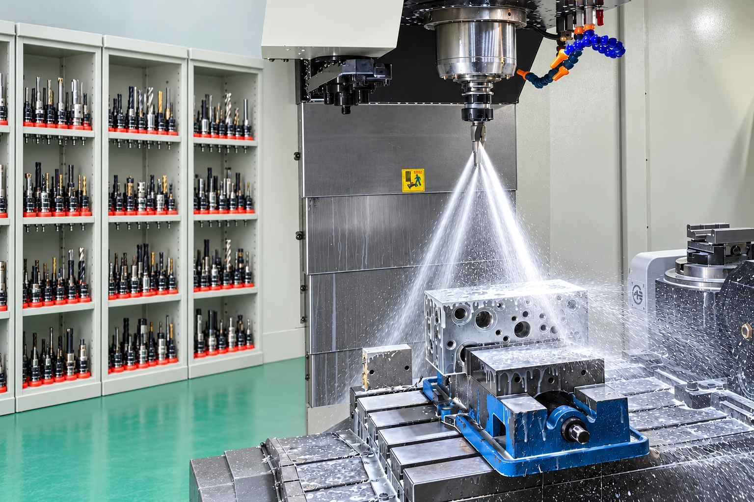 Photo composite: organized cutting tools and a hydraulic manifold set up in the CNC machine.