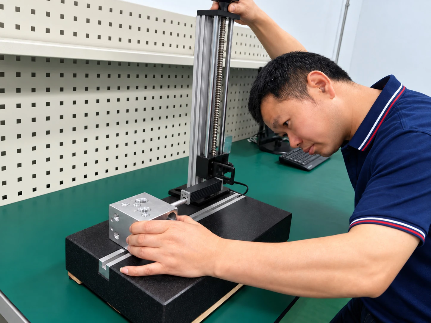 Surface roughness measurement on a hydraulic manifold block.