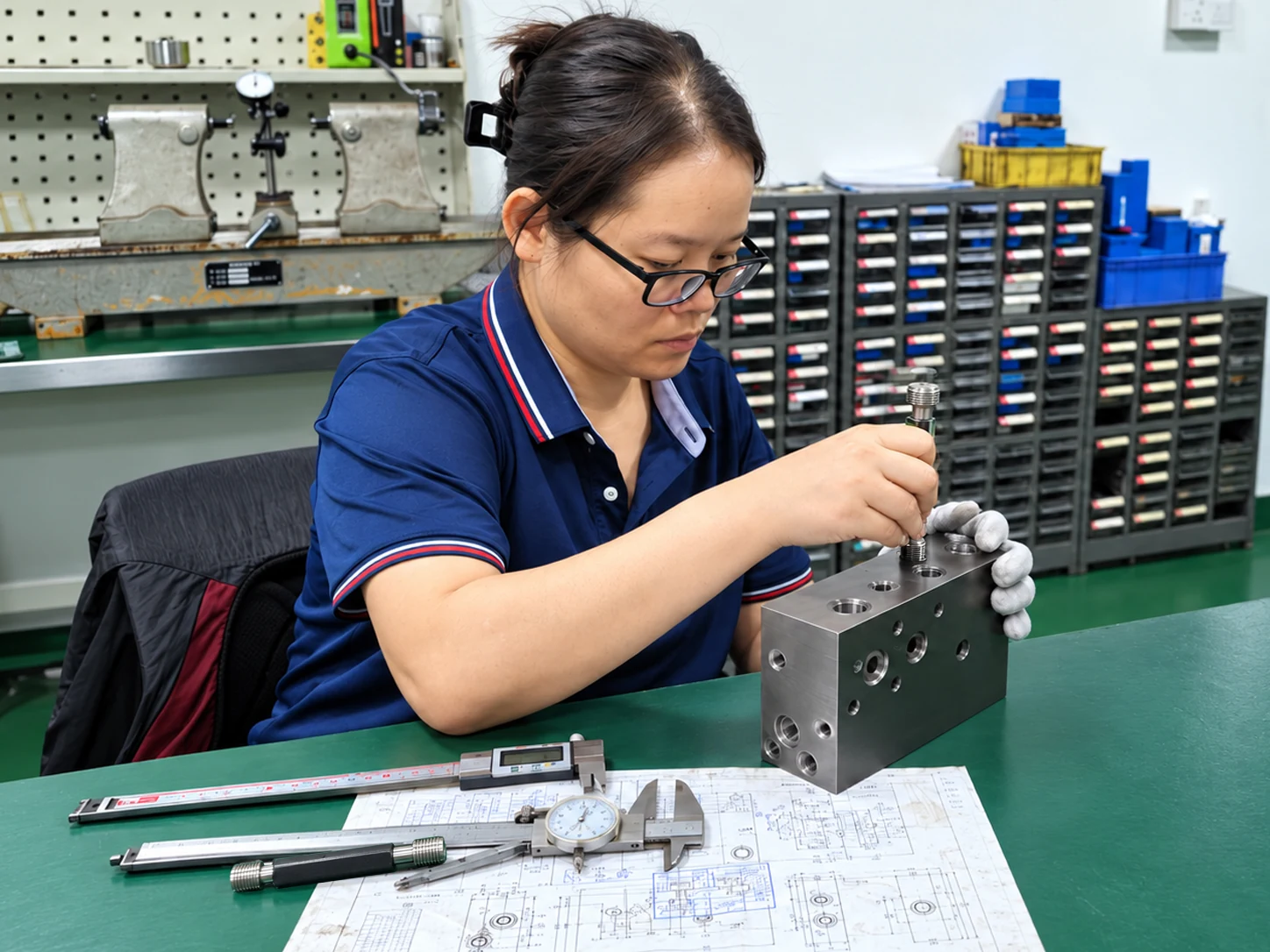 Thread inspection of a hydraulic manifold port using a thread gauge.