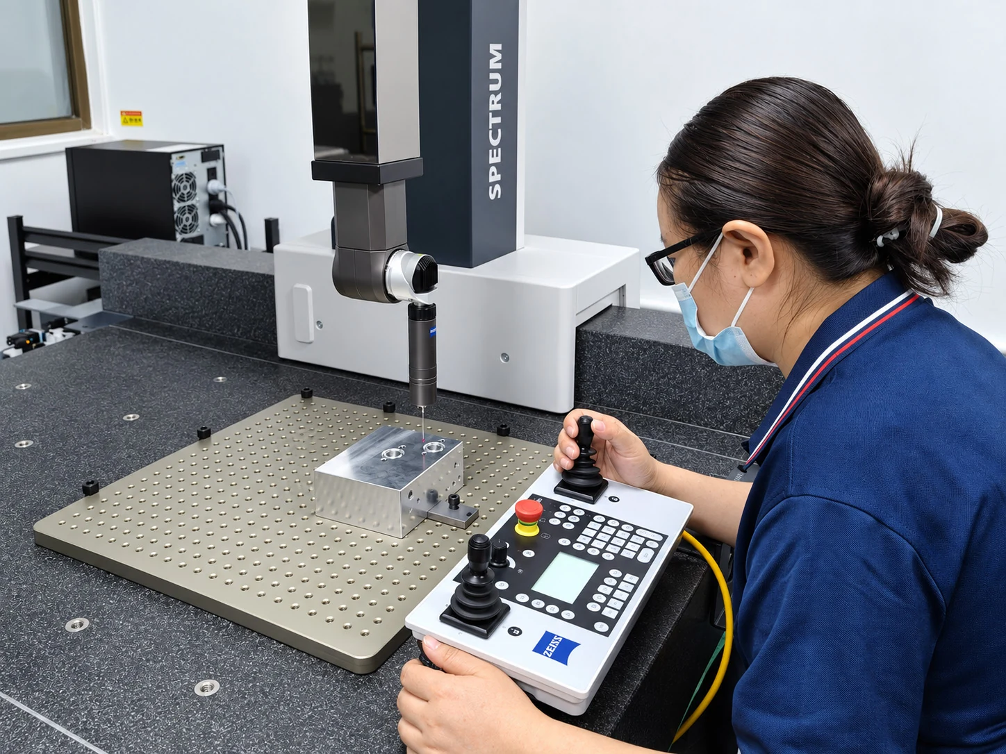 Operator using a CMM for dimensional inspection of a machined component.