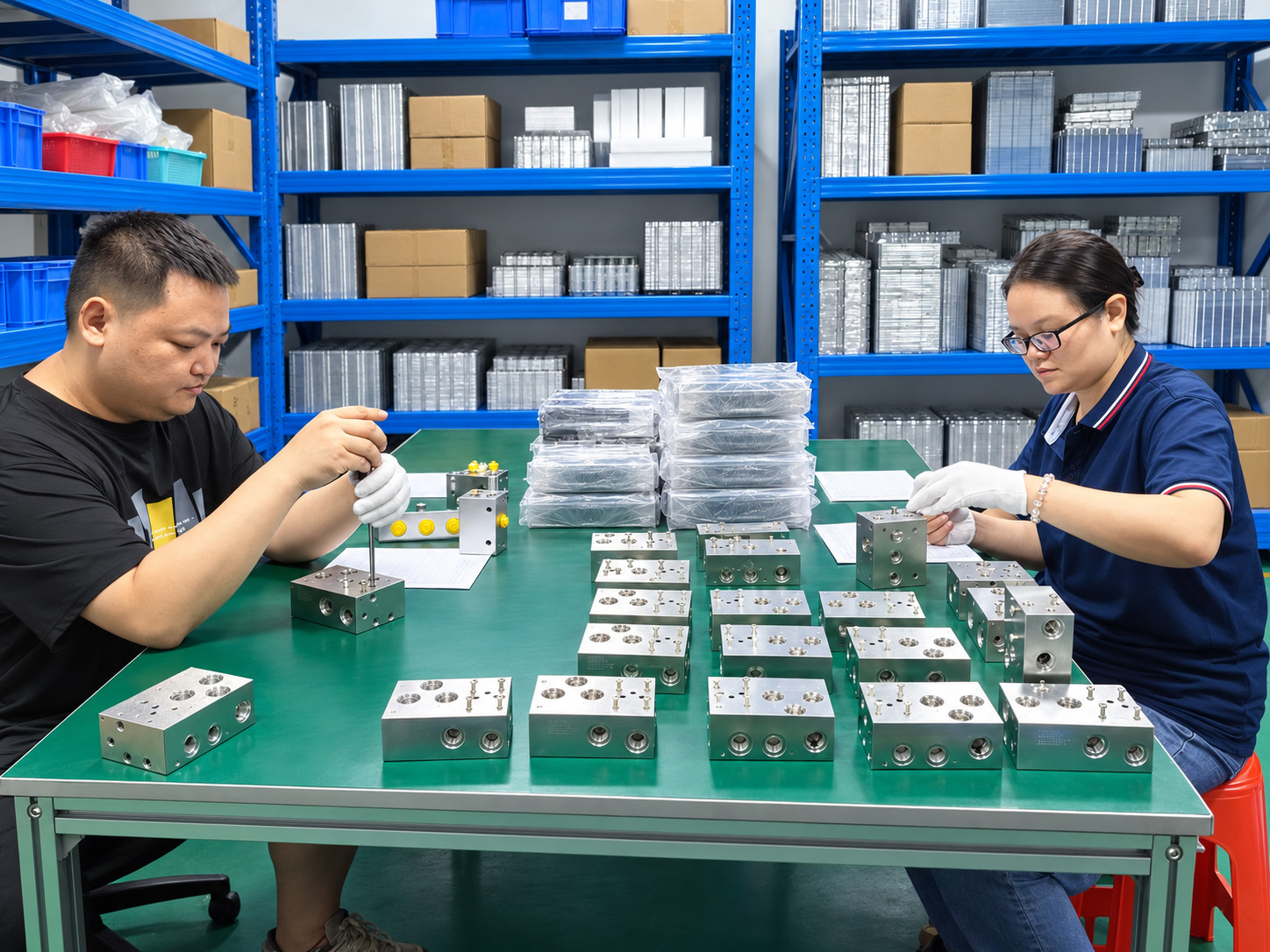 Personnel checking a batch of hydraulic manifold components at Zhongwei.