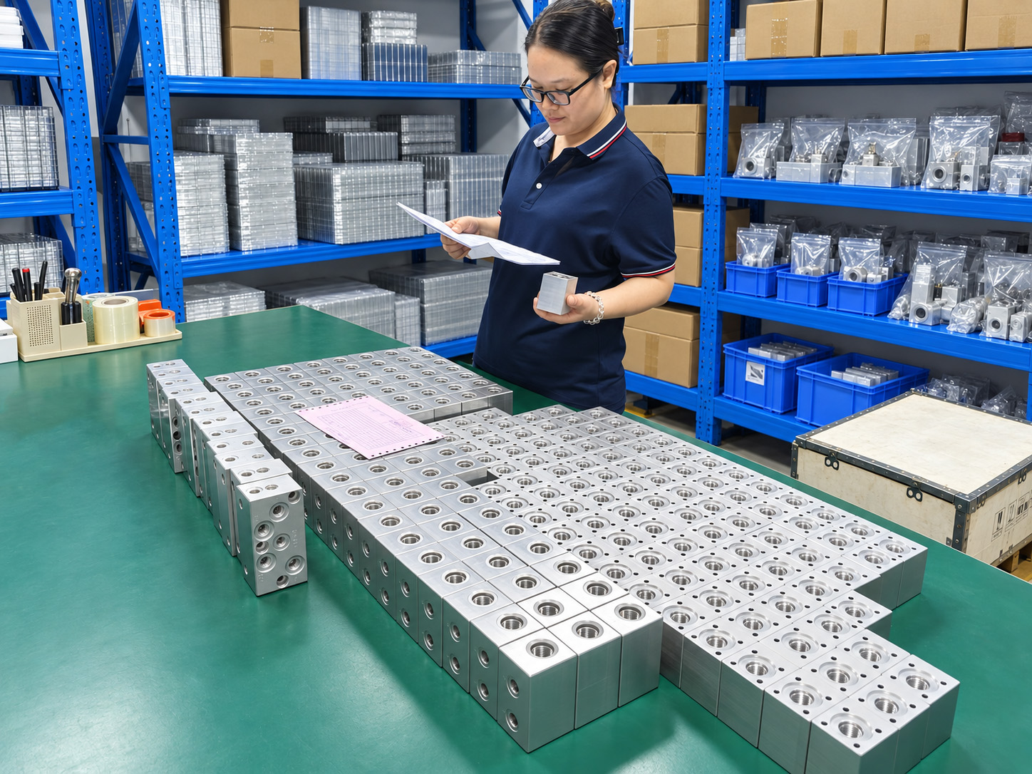 Personnel reviewing records beside a batch of machined manifold blocks.