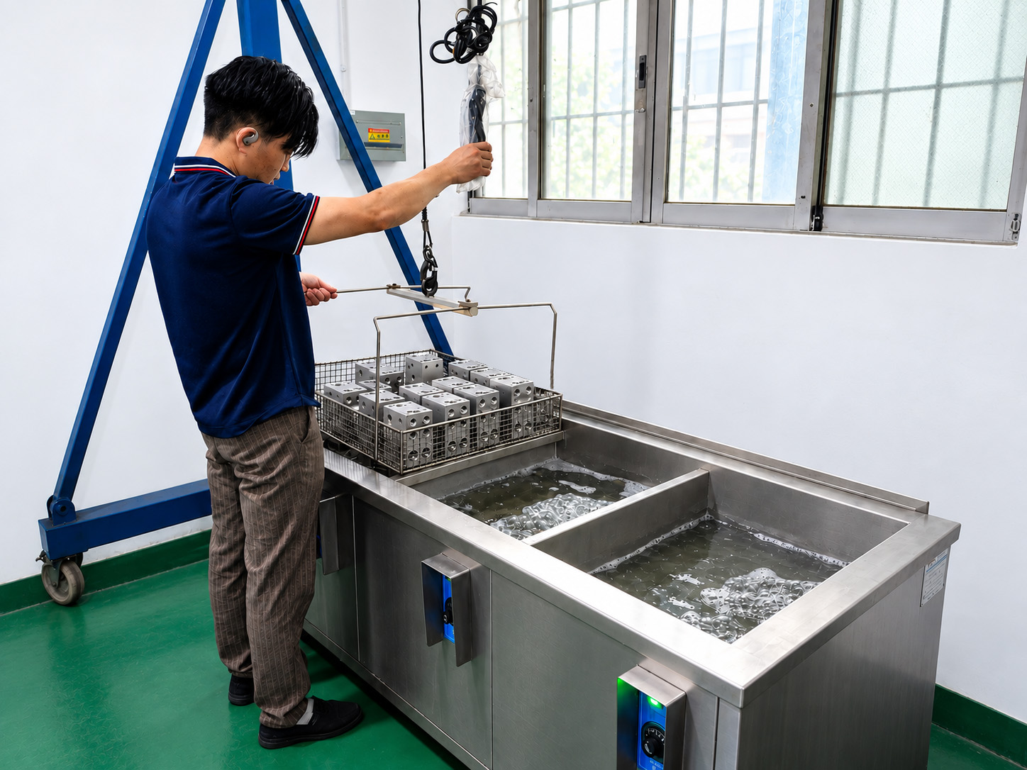 Workshop cleaning of a basket of machined components.