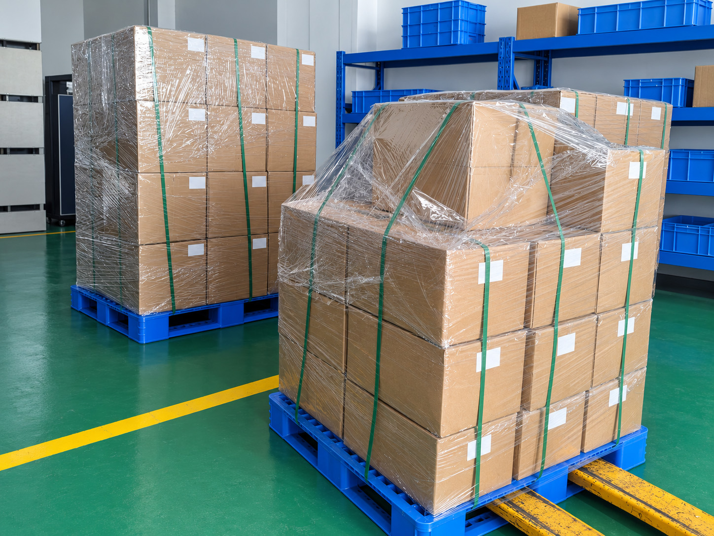 Wrapped pallets and shipping packages in the Zhongwei workshop.