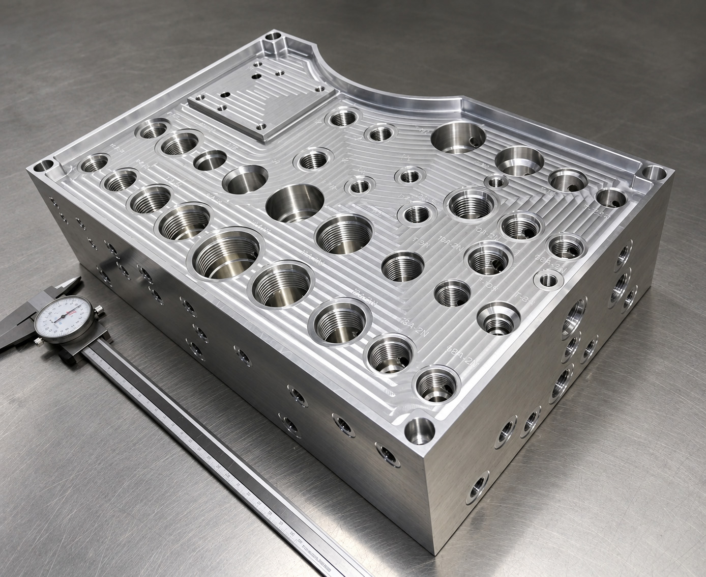 Hydraulic manifold with multiple machined valve cavities, threaded interfaces and ports in a compact layout.