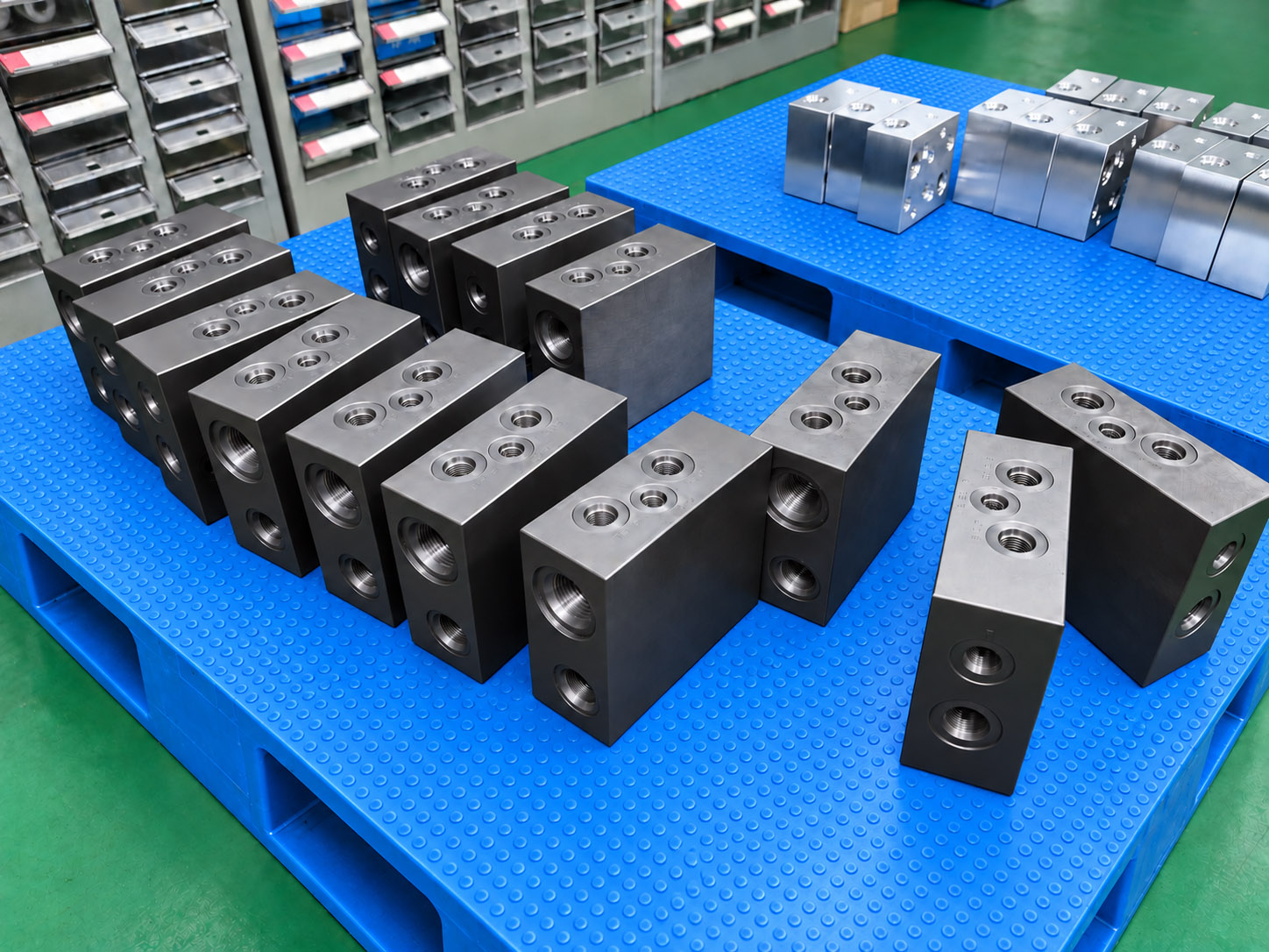 Machined valve blocks with different surface appearances, photographed together.
