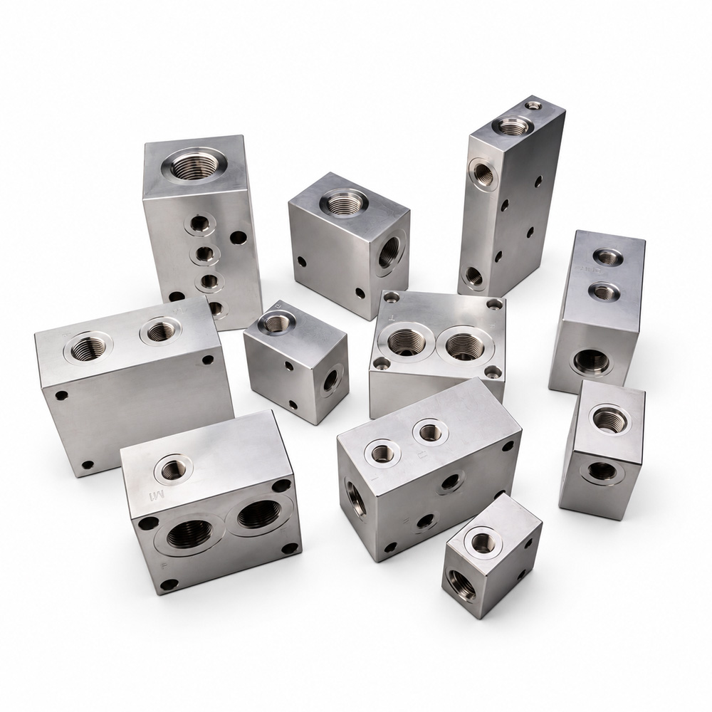 Machined hydraulic valve blocks with threaded port openings.