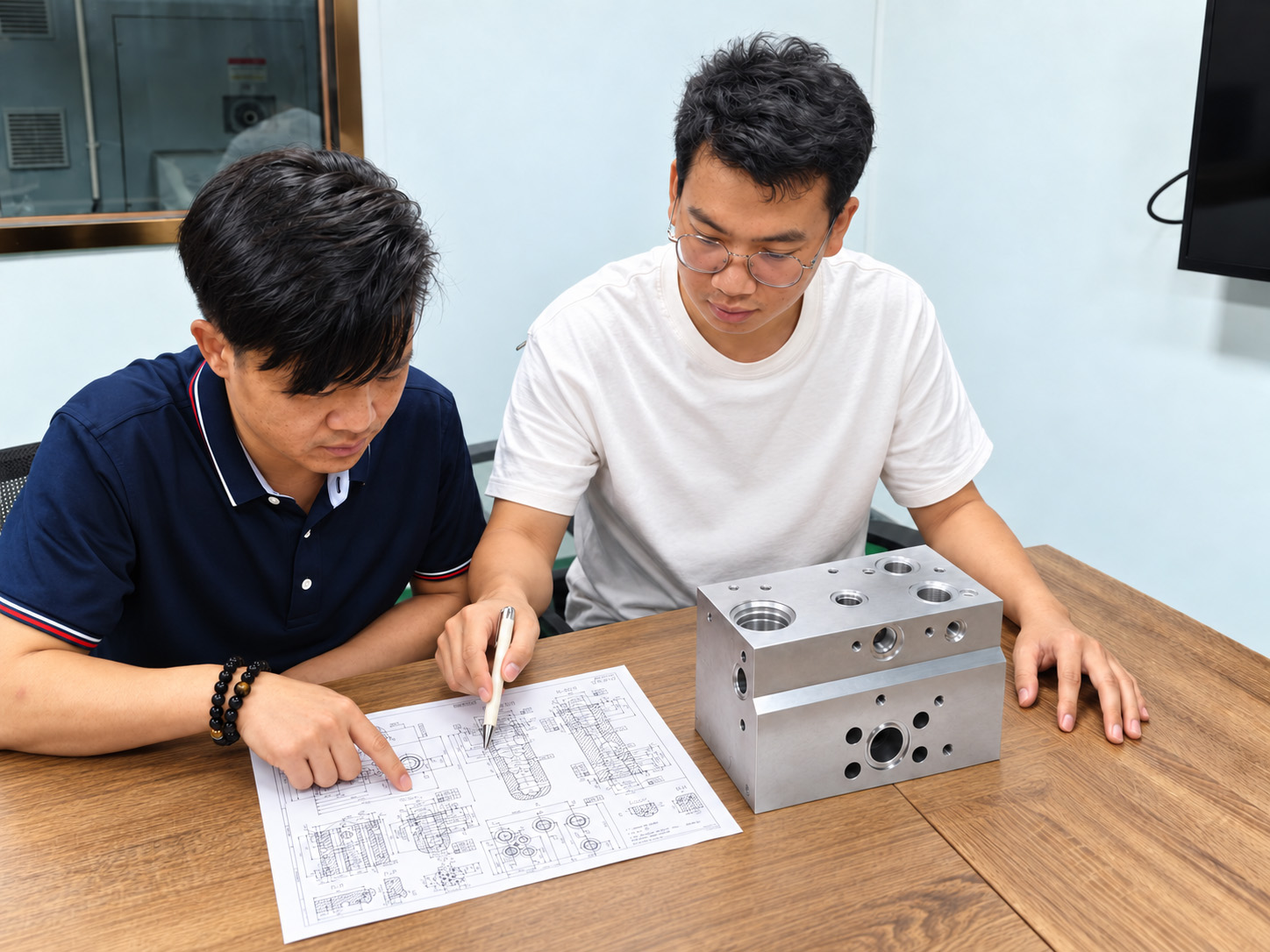 Review of a manifold component and its drawing before manufacturing.