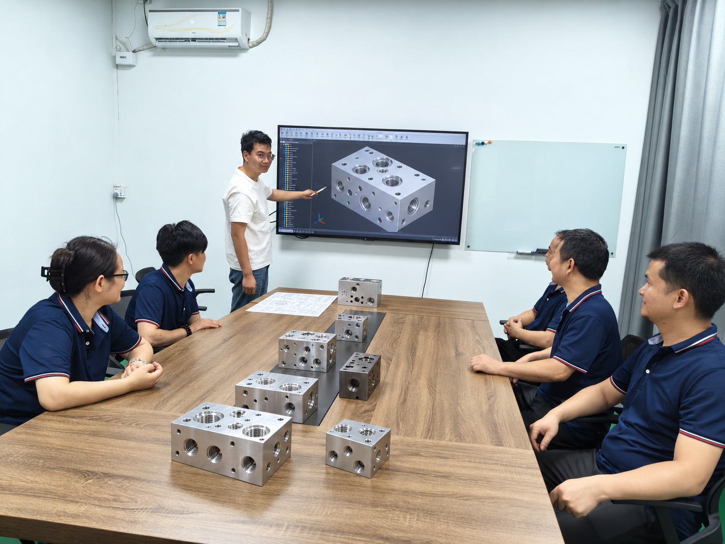 Zhongwei personnel discussing a manifold component and its model.